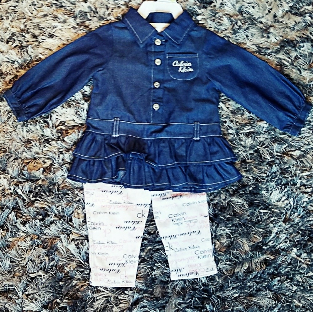 Calvin Klein Blue Jean Shirt Dress With Tights